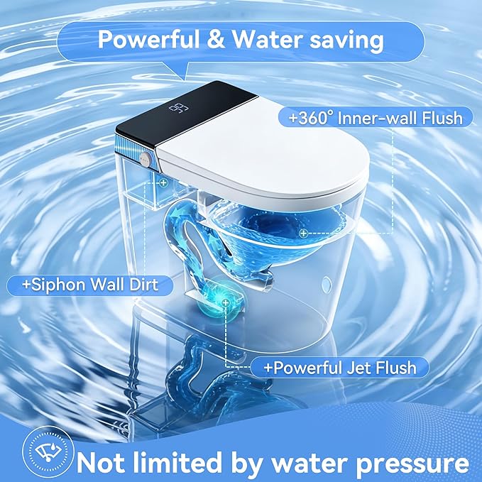 Smart Toilet with Bidet Built-in for Small Bathroom,One Piece Toilet with Self-Clean, Heated Seat,Warm Water Sprayer & Dryer,Blue Night Light,Auto Flush, Manual Soft-Close Seat&Lid