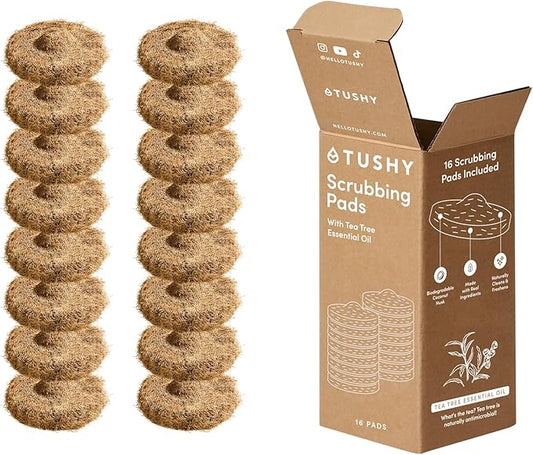 TUSHY Tea Tree Coconut Husk Scrubbing Pads, 16 Pack: Planet Friendly Cleanser-Infused Pads (No Toilet Bowl Cleaner Needed), TUSHY Toilet Brush 2.0 Refills