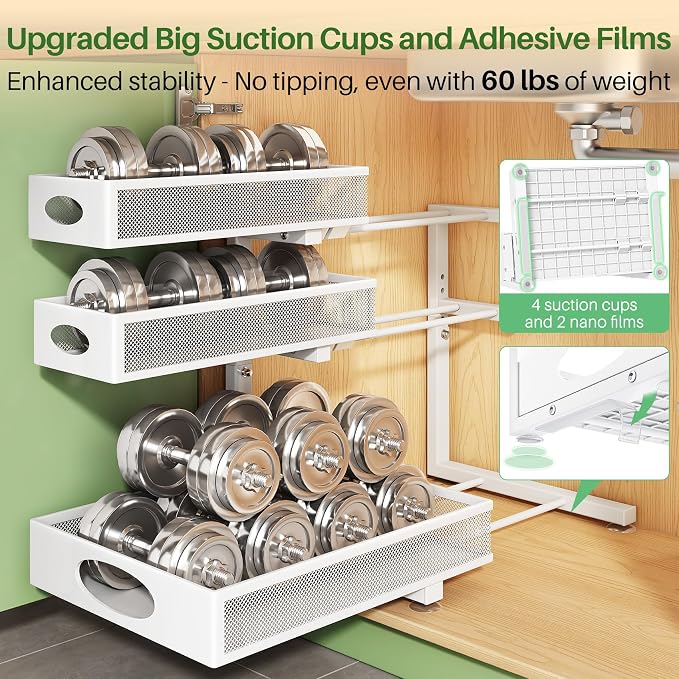 Kitstorack Under Sink Organizer 3-Tier Slide Out Drawer for Bathroom 2-Pack | Height Adjustable, Metal Mesh Storage Rack, Pull out Cabinet Organizer Shelf for Kitchen Pantry Home Laundry Organization