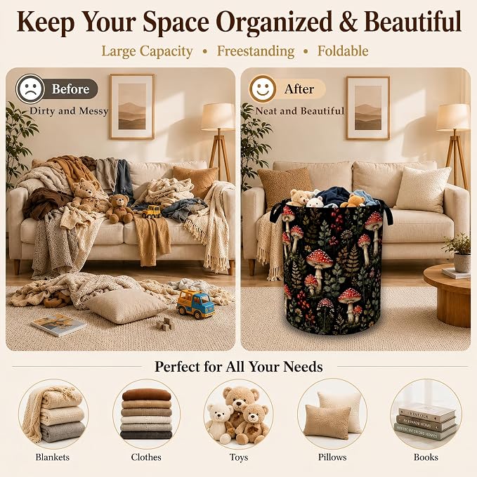 Woodland Mushroom Forest Large Clothes Hamper, Portable Collapsible Laundry Basket with Handles, Freestanding Storage Bin for Bedroom Bathroom Dorm Laundry Room