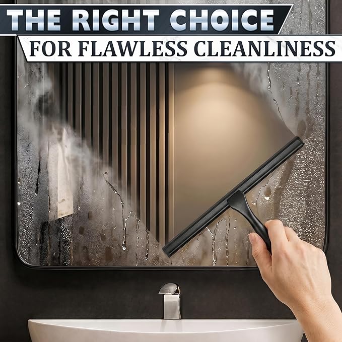 Shower Door Squeegee with Hook - 12" Silicone Blade, Stainless Steel Black Squeegee for Shower Glass with Adhesive Mount - All-Purpose Bathroom Tile, Mirror, & Window Wiper for Streak-Free Cleaning