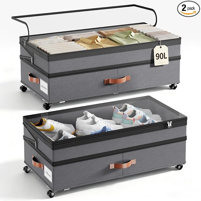 Yecaye 90L Under Bed Storage with Wheels, 8 in-11 in Height Adjustable Under Bed Storage Containers, Under Bed Shoe Storage with Lids & Label, Rolling Underbed Storage bins for Clothes, Toys, Grey