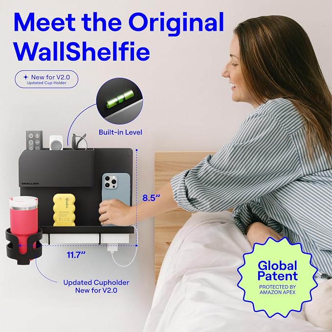 WallShelfie Bedside Wall Organizer & Dorm Decor - Dorm Room Essential, Floating Bedside Shelf Wall Mount Organizer, Remote Control Holder, Cool Teen Girls Trendy Stuff, 2.0, Black