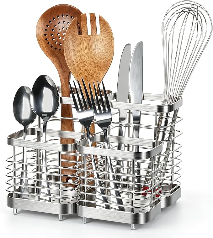 Utensil Holder, Stainless Steel Utensil Drying Rack for Kitchen Counter, Silverware Cutlery Flatware Holder Forks, Knives, Spoons, Chopsticks Organizer (2 Large + 2 Small)
