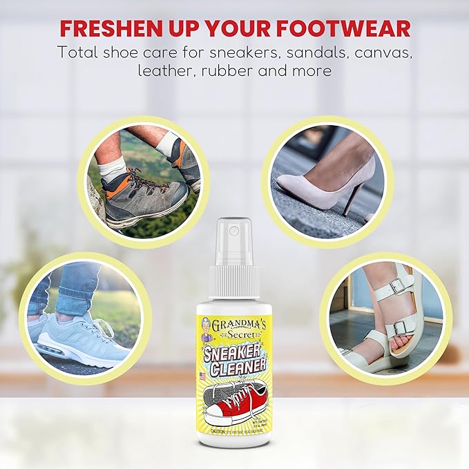 Grandma's Secret Shoe Cleaner - Stain Remover Spray for Rubber, Canvas and Leather - Removes Dirt, Grime and Grass - Sneakers Cleaner for Outdoor Shoes, Slippers and Moccasins - 3 Ounce