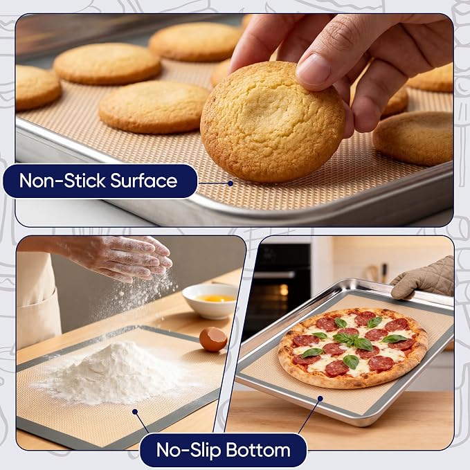 E-far Silicone Baking Mats, 15x11” Nonstick Reusable Silicone Mat for Kitchen Oven Baking Cookie Bread Pastry, 2-Pcs Food Grade Rectangle Silicon Baking Sheet, Heat-Resistant & Dishwasher Safe, Gray