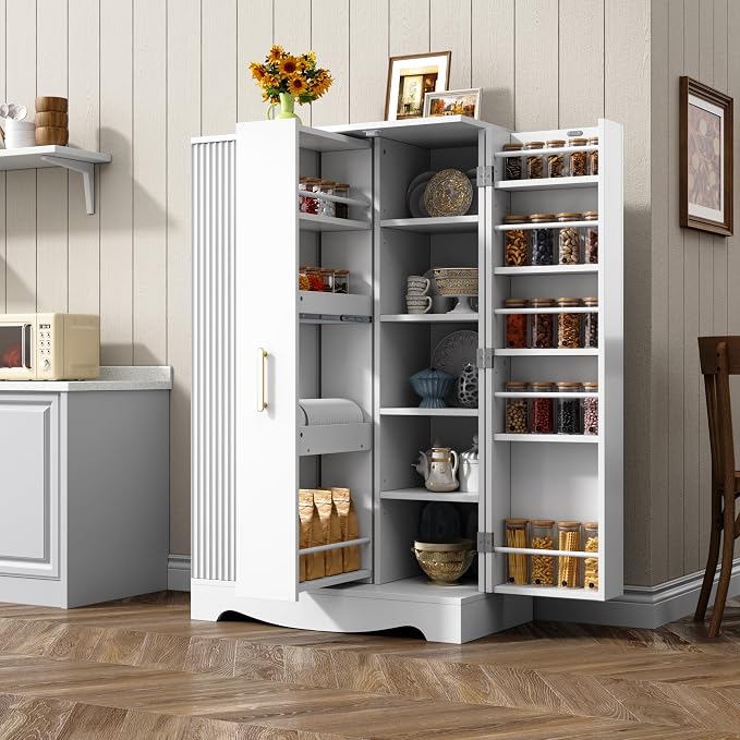 kepptory 47“ White Kitchen Pantry Cabinet with 3 Doors, Adjustable Shelves, | Pull-Out Side Spice Racks, Freestanding Food Storage Cupboard for Kitchen, Dining Room, Living Room