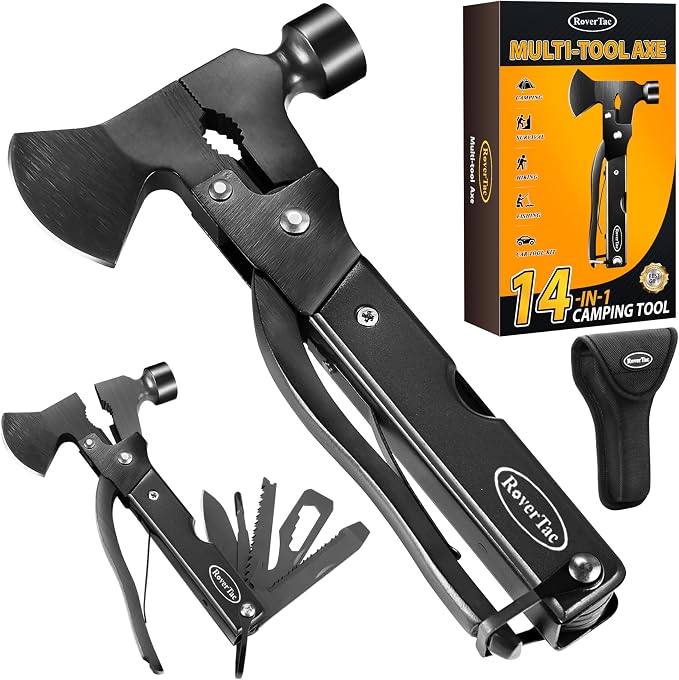 14-in-1 Multitool Camping Axe – Multi Tool with Knife, Hammer, Saw, Screwdrivers, Bottle Opener – Camping Tool with Sheath – Tool Gifts for Men, Dad, Husband, and Outdoor Enthusiasts.