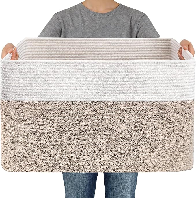 JMvicyroam 96L Large Woven Cotton Rope Blanket Basket, White&Oatmeal | Blanket storage for living room or bedroom use, Freestanding with reinforced handles, Entire basket is machine washable