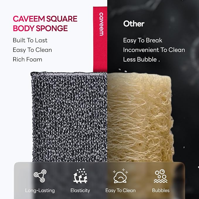 Caveem Exfoliating Body Scrubber, Large Bath and Body Scrub Buffer, Dual Texture Body Exfoliator for Remove Dead Skin, Soft and Rough Lightweight Square Sponge for Shower (2 Pack)