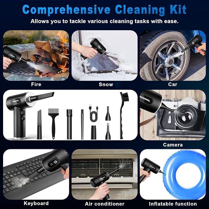FRESMOL Compressed Air Duster, Rechargeable Cordless Electric Air Blower | 3-Gear Adjustable, 100000RPM, Smart LED Display, LED Light, Keyboard, PC, Car, Home Cleaning, Replaces Canned Air, Black