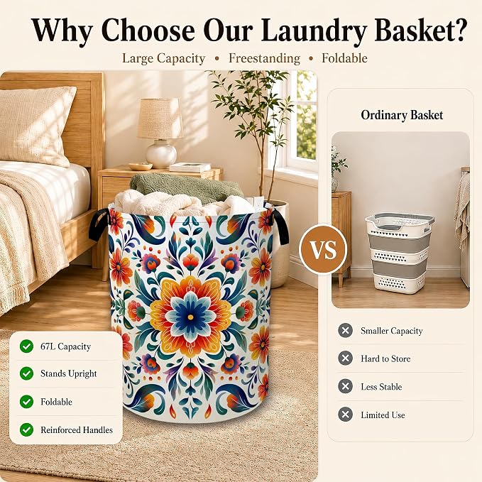 Mexico Folk Floral Large Laundry Hamper, Collapsible Oxford Clothes Basket with Handles, Freestanding Dirty Clothes Organizer for Bedroom Bathroom Dorm Laundry Room, 16 x 20.8 Inch