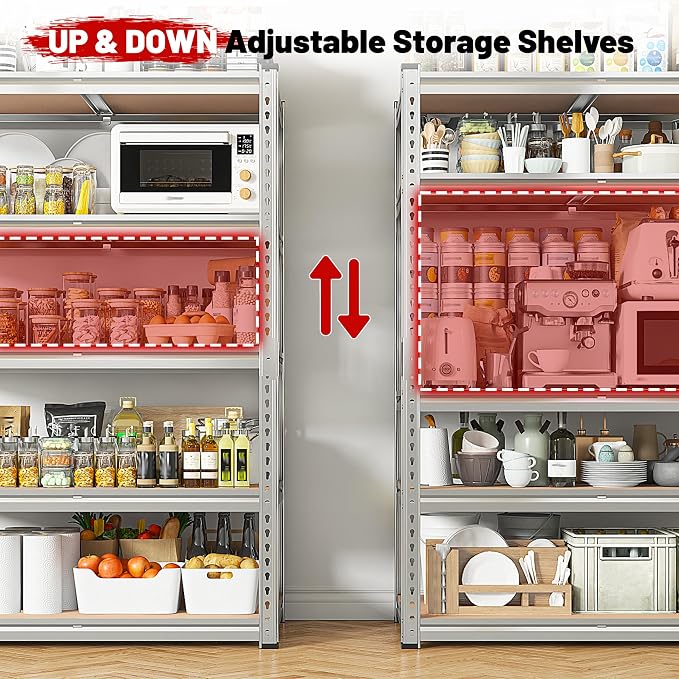 REIBII 2020LBS Garage Shelving Heavy Duty Metal Shelving 5 Tier Storage Shelves, Garage Shelves for Basement, Warehouse, Pantry, Closet, Kitchen, 72" H x 36" W x 16" D, Galvanized, 4 Pack
