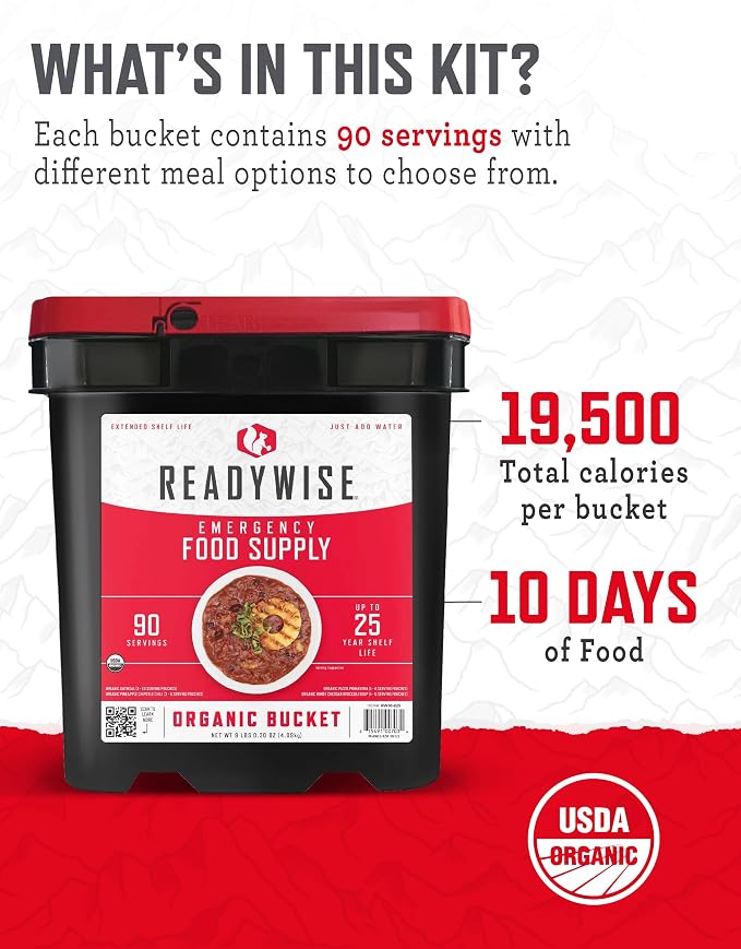 ReadyWise Emergency Food Supply - 90 Servings Organic Bucket, Protein Meals, Dehydrated & Freeze Dried Survival Food for Backpacking, Camping Essentials & Prepping Supplies, up to 25 Year Shelf Life