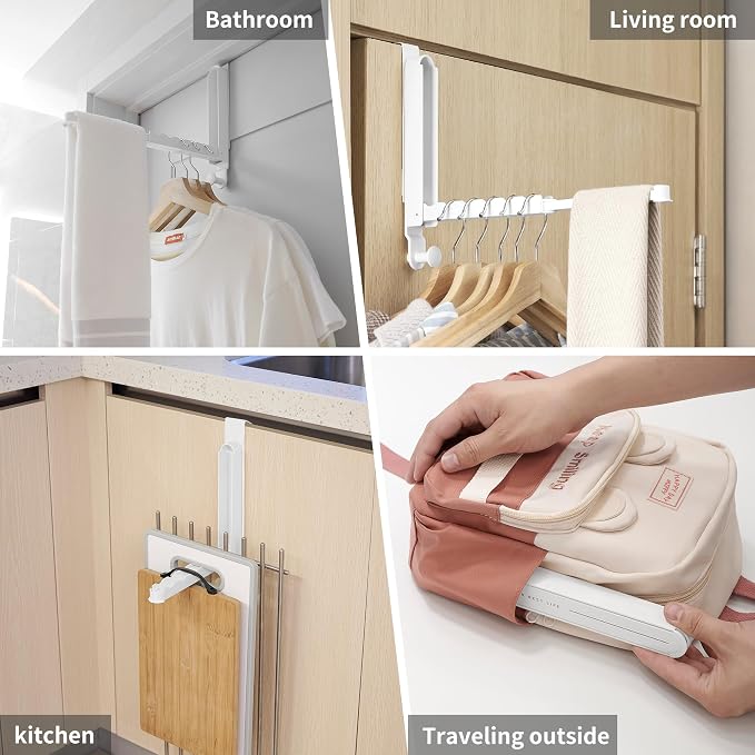 RFOUO Over The Door Hooks Hanger,Fit Door up to 1 3/8", White, 1 Pack | Aluminum,Retractable Rod, Space-Saving, Foldable Over The Door Drying Rack,No drilling, For Laundry Bathroom Bedroom Travel