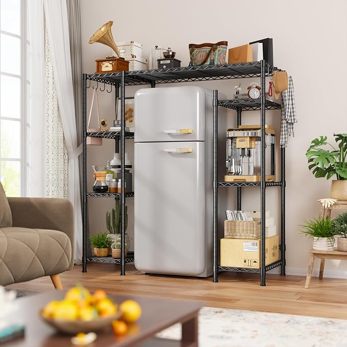 REIBII Mini Fridge Shelf with Storage,4-Tier Adjustable Shelves,665 lbs | With 8 Hooks,Fits Mini Fridge & Kitchen Appliances,Heavy Duty Steel Frame,Easy Tool-Free Assembly, Space-Saving,Dorm & Pantry