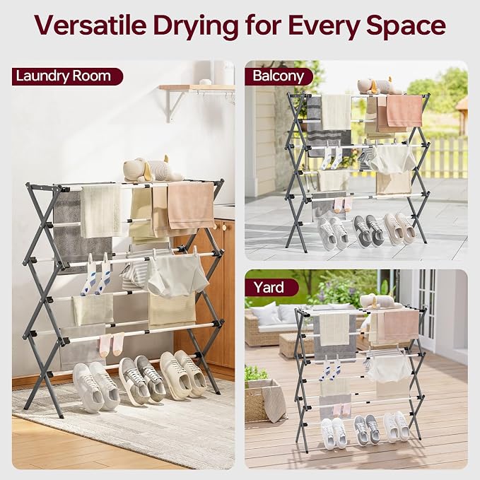 Large Clothes Drying Rack, Metal Expandable Laundry Rack, 44.88" Height, Adjustable Width 20.87-35.43in, Space Saving Foldable, Indoor Outdoor Use for Laundry, Towels, Shoes, Grey White