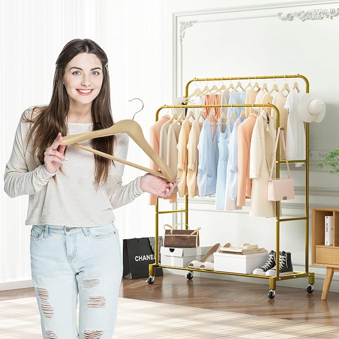 Sooyee Double Rod Clothing Rack with Wheels,3 Tier Garment Racks for Hanging Clothes,Portable Clothes Rack with 4 Hooks for Bedroom,Laundry Room,Gold