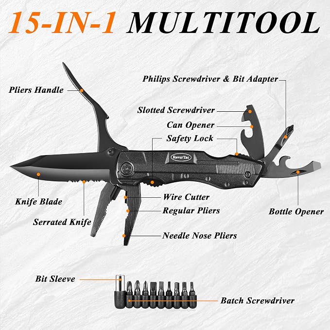 Pocket Knife, 15-in-1 Multitool with Pliers, Bottle & Can Opener, 9 Screwdriver Bits, Locking Mechanism & Nylon Sheath - EDC Multi Tool for Camping, Hiking & DIY, Gift for Men & Dad