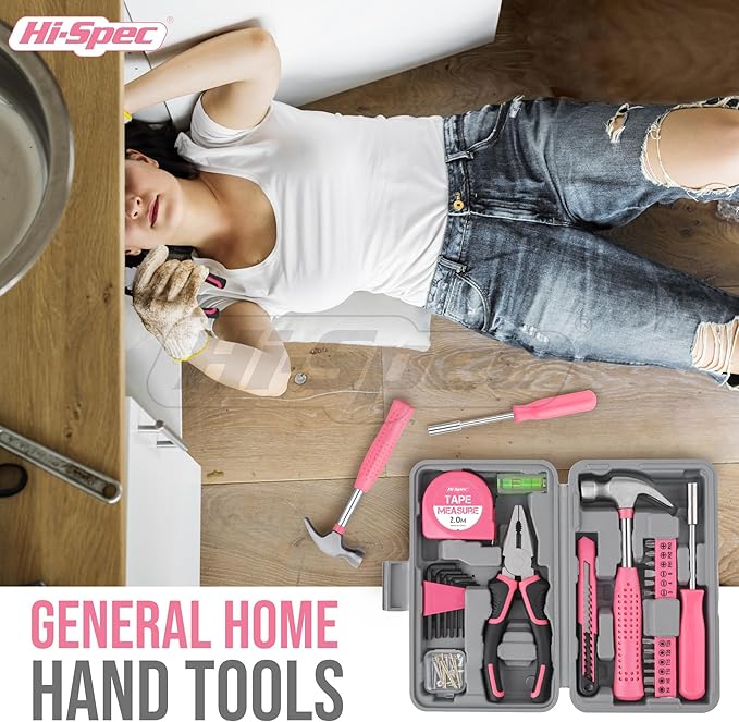 Hi-Spec Tool Set 25pc Pink Household DIY Tool Kit for Women. Small Mini Tool Box Set of Starter Basic Ladies Tools | 25pc, Household quick repair and maintenance, starter tool kit, mini tool set, ladies portable toolbox, DIY Gift