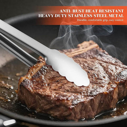Kitchen Tongs for Cooking - 9 Inch & 12 Inch Heat Resistant Stainless Steel Metal Locking Tong, BBQ Tongs Grill Tong for Cooking, Grilling, BBQ/Barbecue, Food (All Metal - 9"+12")