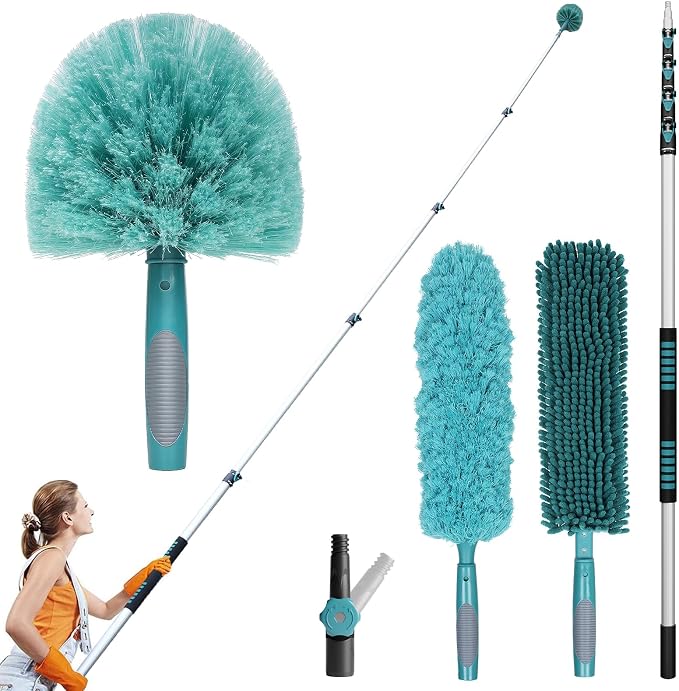 TelesPro 30 Foot High-Reach Duster Kit with 6-24FT Extendable Pole - High Ceiling Duster Cleaning Kit with Telescopic Pole,Cobweb Duster, Chenille Ceiling Fan Duster, Microfiber Feather Duster