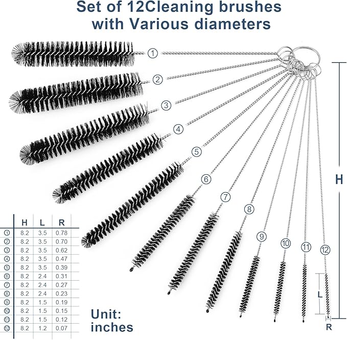 Ixiaoyoo 12 Pcs Straw Cleaner Brushes Set, 8.2 Inch Nylon Cleaning Brush | Black Tube Cleaner Brushes for Tumbler, Sippy Cup, Water Bottles, Hummingbird Feeders, Pipes, Sink Drain & Pet Waterers