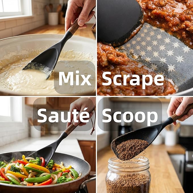 Silicone Spatula Cooking Spoon 2 Pcs with Wood Handle Great for Cooking and Serving Sturdy BPA-Free Matte Silicone Suitable for Mixing and Scrape (Black)