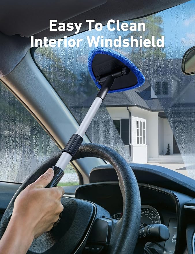 AstroAI 21" Extra-Long Windshield Cleaner Tool, Car Interior Detailing Cleaning Kit with Extendable Handle and 4 Upgraded Reusable Microfiber Pads, Auto Glass Wiper Brush Kit for Cars, Blue, 2 Pack