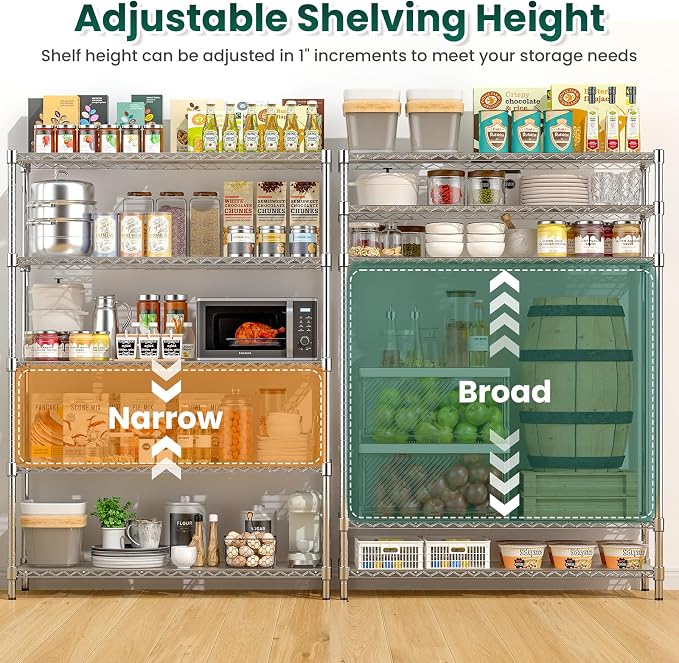 48" W Garage Shelving 1875 LBS Heavy Duty Wire Shelving Unit, Metal 5-Tier Adjustable Steel Storage Rack with Liners, 48" W x 18" D x 72" H for Pantry Kitchen Commercial, Chrome