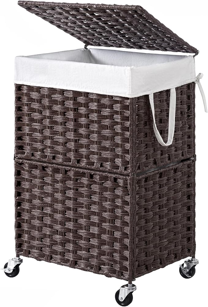 Chrislley Wicker Laundry Basket with Wheels,Rolling Laundry Hamper with Lid | 90L Slim Clothes Hamper with Wheels & Removable Liner Bag, Handwoven Rattan Laundry Organizer for Bedroom, Bathroom, Brown