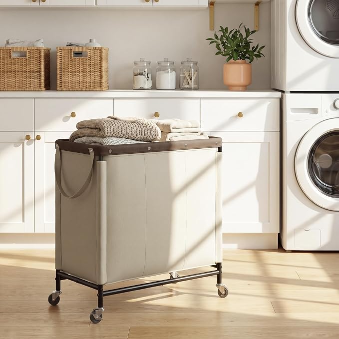 StorageWorks 3 Section Laundry Hamper, 120L Tan Sorter Cart with Wheels
