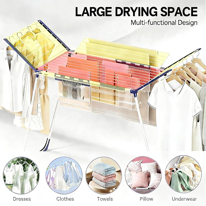 APEXCHASER Clothes Drying Rack, Drying Rack Large Space with 4 Wings | Foldable Design, 5 Drying Spaces, Spacious Design with 4 Frame Supports, Folds Flat for Storage, Rust-resistant Coating