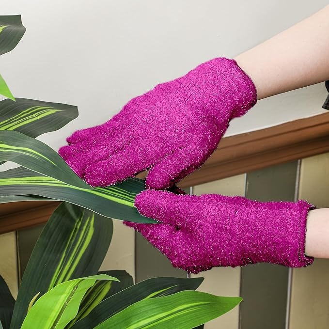 Patelai 3 Pairs Microfiber Plant Dusting Gloves Leaf Cleaning Gloves for Indoor Plants, Blinds, Furniture, House (Purple,Rose Red,Black,Small)