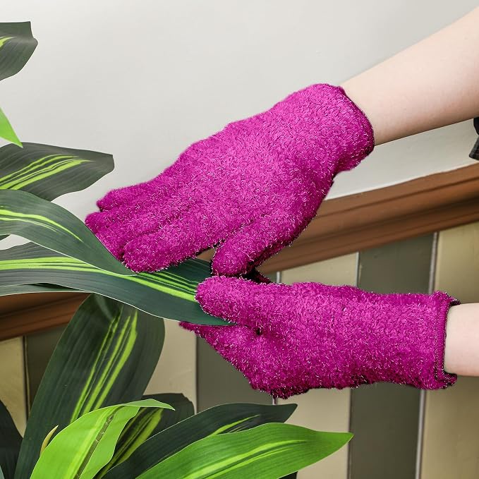 Patelai 3 Pairs Microfiber Plant Dusting Gloves Leaf Cleaning Gloves for Indoor Plants, Blinds, Furniture, House (Purple,Rose Red,Black,Medium)