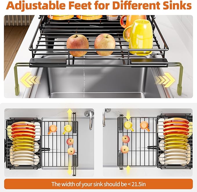 Urackify Dish Drying Rack - Large Dish Racks for Kitchen Counter, Extendable Sink Dish Drainer, Rustproof Dish Strainer with Utensil Holder, 2 Tier Black