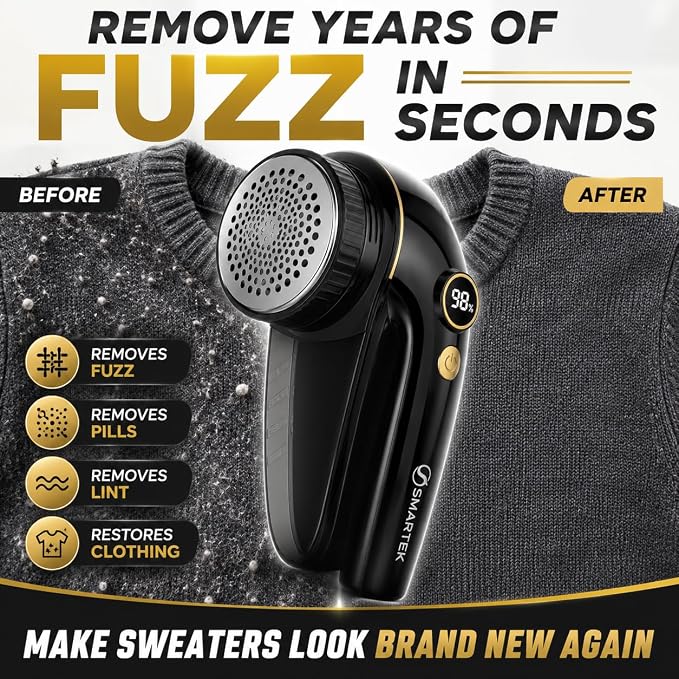 Smartek Rechargeable - Fabric Shaver for Clothes - Lasts for Hours Between Charges - 2-Speeds with High and Low Lint Shaving Modes - Built-in LED Screen - Lint Shaver for Removing Fuzz and Pilling