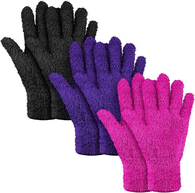 Patelai 3 Pairs Microfiber Plant Dusting Gloves Leaf Cleaning Gloves for Indoor Plants, Blinds, Furniture, House (Purple,Rose Red,Black,Medium)