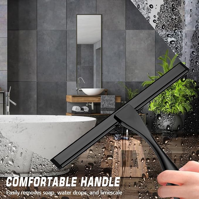 Stainless Steel Shower Squeegee for Glass, Includes 3 Adhesive Hooks, Shower Door Squeegee for Bathroom, Household Window, Car Windshield, Mirrors, Tiles Scrubber Clear, 12 inch Black