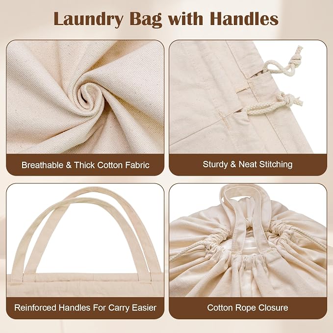 Cotton Canvas Laundry Bag with Handles & Base 16"Wx16"D x27.6"H, Natural | Extra Large Heavy Duty Laundry Basket Hamper Liner Replacement, Washable Drawstring Dirty Clothes Bag Cotton Storage Sack
