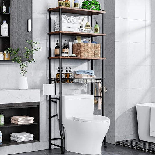 Over-The-Toilet Storage Shelf,4-Tier Bathroom Organizer Cabinet Rack And Storage Over Toilet With Shelf Waterproof Feet Pad And Basket,Multifunctional Space Saver Freestanding Bathroom Shelves（Brown）