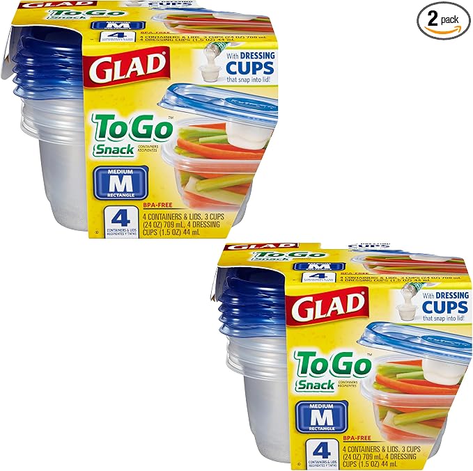 Glad GladWare To Go Snack Food Storage Containers with Lids, Medium Rectangle BPA Free Plastic with Built-In Dressing Cup for Salads and Snacks, Microwave Dishwasher Safe, 24 Oz, 4 Count - 2 Pack