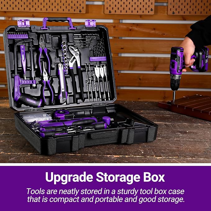 Drill Tool Kit Set: 20V Cordless Power Drill Tool Box with Battery Electric Drill Driver for Men Home Hand Repair Basic Toolbox Tools Sets Drills Case, Purple