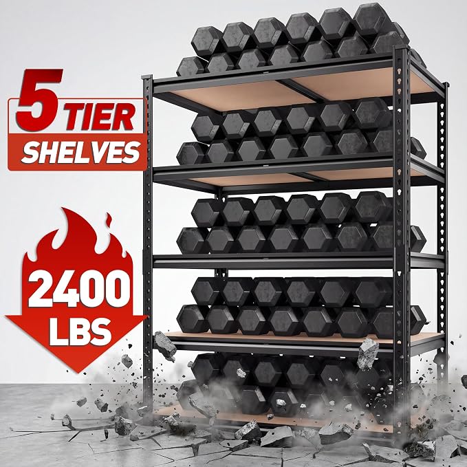 REIBII 2400LBS Garage Shelving 5 Tier Storage Shelves Heavy Duty, Adjustable Metal Shelving Unit,Garage Shelves for Basement,Warehouse,Pantry,Closet,Kitchen 72" H x 36" W x 16" D,2 Pack | Heavy Duty