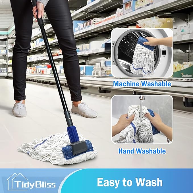 Commercial Mop Heavy Duty, 57.5 inches Long Handle Large Looped-End Industrial String Mop, Professional Dry Wet Cotton Mop for Cleaning Concrete Tile Hardwood Floor Shop Office Garage