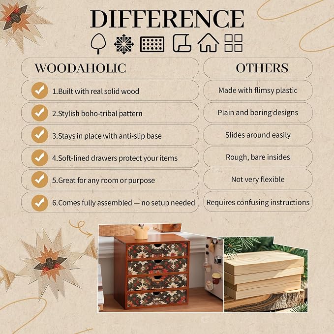 Boho Green Wooden Desk Organizer with Drawers – 4-Drawer Desktop Storage Box – Rustic Tribal Wood Desk Organizer for Office, Vanity, or Craft Supplies – Compact & Stylish Wooden Storage Drawers