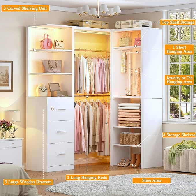 HUAHUU Large Corner Closet System with 3 Drawers and 6 Shelves, 77'' Reversible Closet Organizer System with LED Lights & 8 Jewelry Hooks, White Walk-in Closet with 3 Hanging Rods, L Shaped/Straight