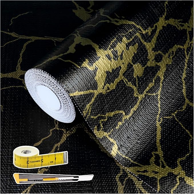 2-Layer Drawer and Shelf Liner for Kitchen Cabinet: 12in X 20Ft Non Slip | Waterproof Shelf Paper Non Adhesive Refrigerator Liners Black/Gold Marble Easy Liners for Bathroom with Knife Tape Measure