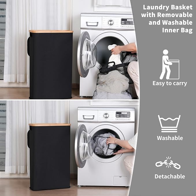 iEGrow 65L Slim Laundry Hamper, Narrow Laundry Basket with Lid，Black | Foldable Clothes Hamper with Bamboo Handles,Hamper Basket with Removable Inner Bag for Laundry Room Bedroom College Dorm