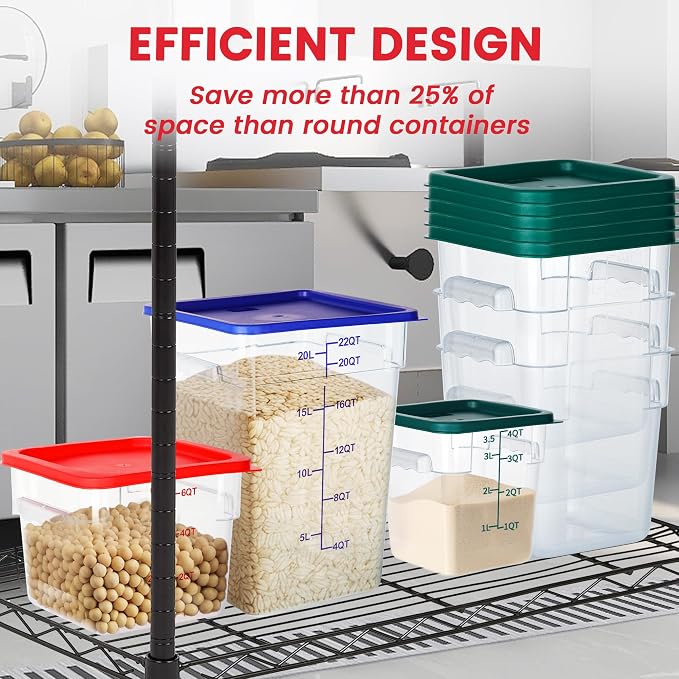 BIEAMA 4 Pack Food Storage Containers, 6 Quart with Lids, Square Commercial Containers with Scale, NSF, Polycarbonate, Clear